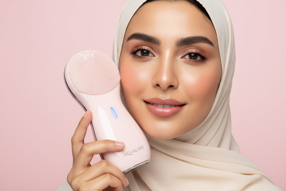 الوصف: لقطة قريبة لامرأة إماراتية/خليجية ببشرة متوهجة تمسك جهاز تنظيف الوجه Aqualuxe بلون وردي ناعم، خلفية وردية باهتة.

المراه خليجيه محجبه 